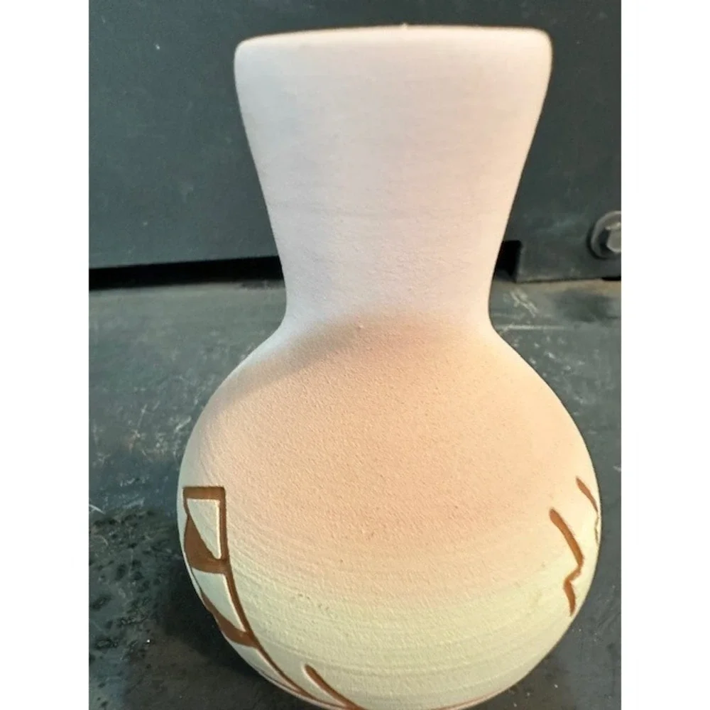 Sun Fox Southwestern Pottery Bud Vase Hand Etched Pink Yellow Geometric 4.5 Inch
